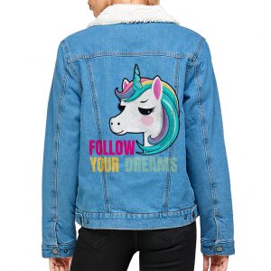 Follow Your Dreams Women's Sherpa Denim Jacket - Unicorn Apparel - Unicorn Gift Ideas