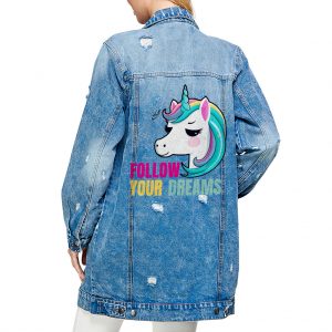 Follow Your Dreams Ladies' Denim Jacket - Follow Your Dreams Quote Clothing - Dreamy Unicorn Apparel