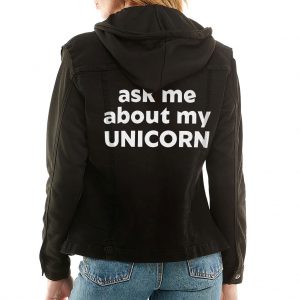 Ask Me About My Unicorn Ladies' Denim Jacket with Fleece Hoodie - Humorous Unicorn Apparel - Funny Mythical Horse Apparel