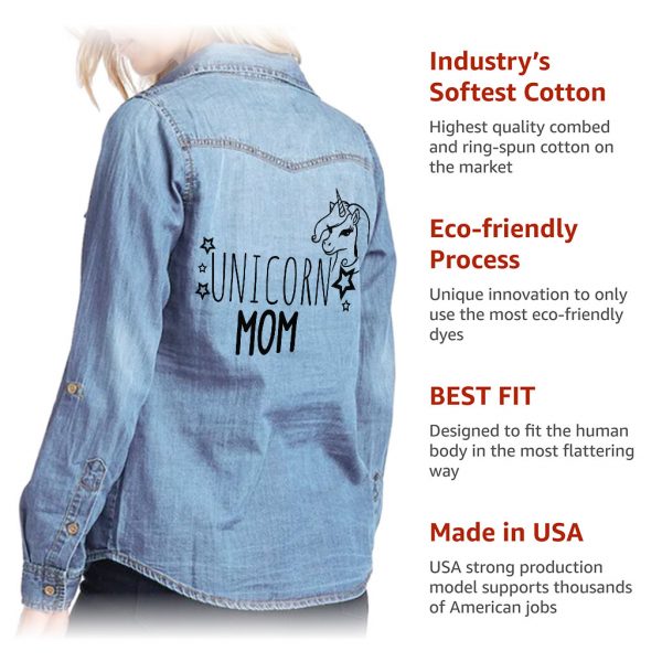 Unicorn Mom Women's Long Sleeve Denim Shirt - Unicorn Clothing Women - Fun Unicorn Clothes - Image 6