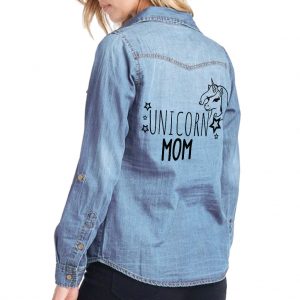 Unicorn Mom Women's Long Sleeve Denim Shirt - Unicorn Clothing Women - Fun Unicorn Clothes