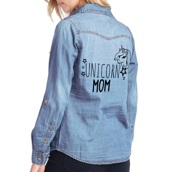 Unicorn Mom Women's Long Sleeve Denim Shirt - Unicorn Clothing Women - Fun Unicorn Clothes